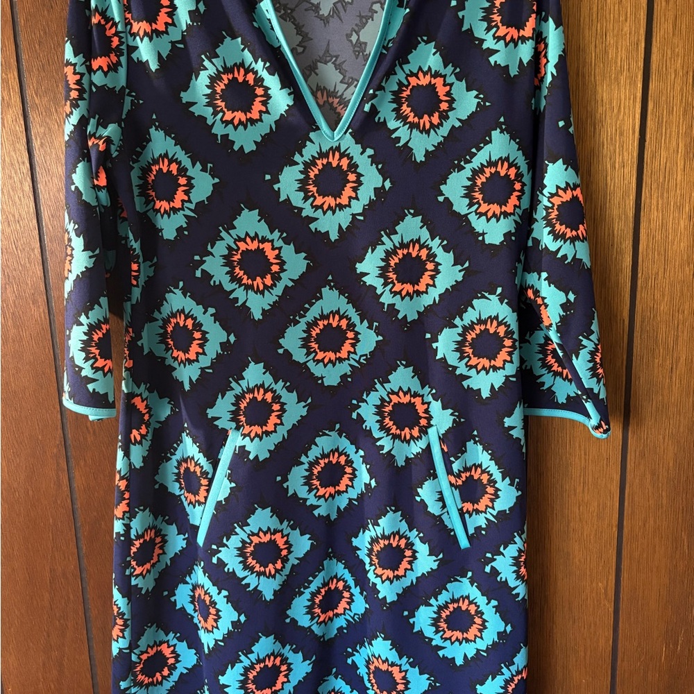 Tracy Negoshian Teal and Blue Patterned Dress